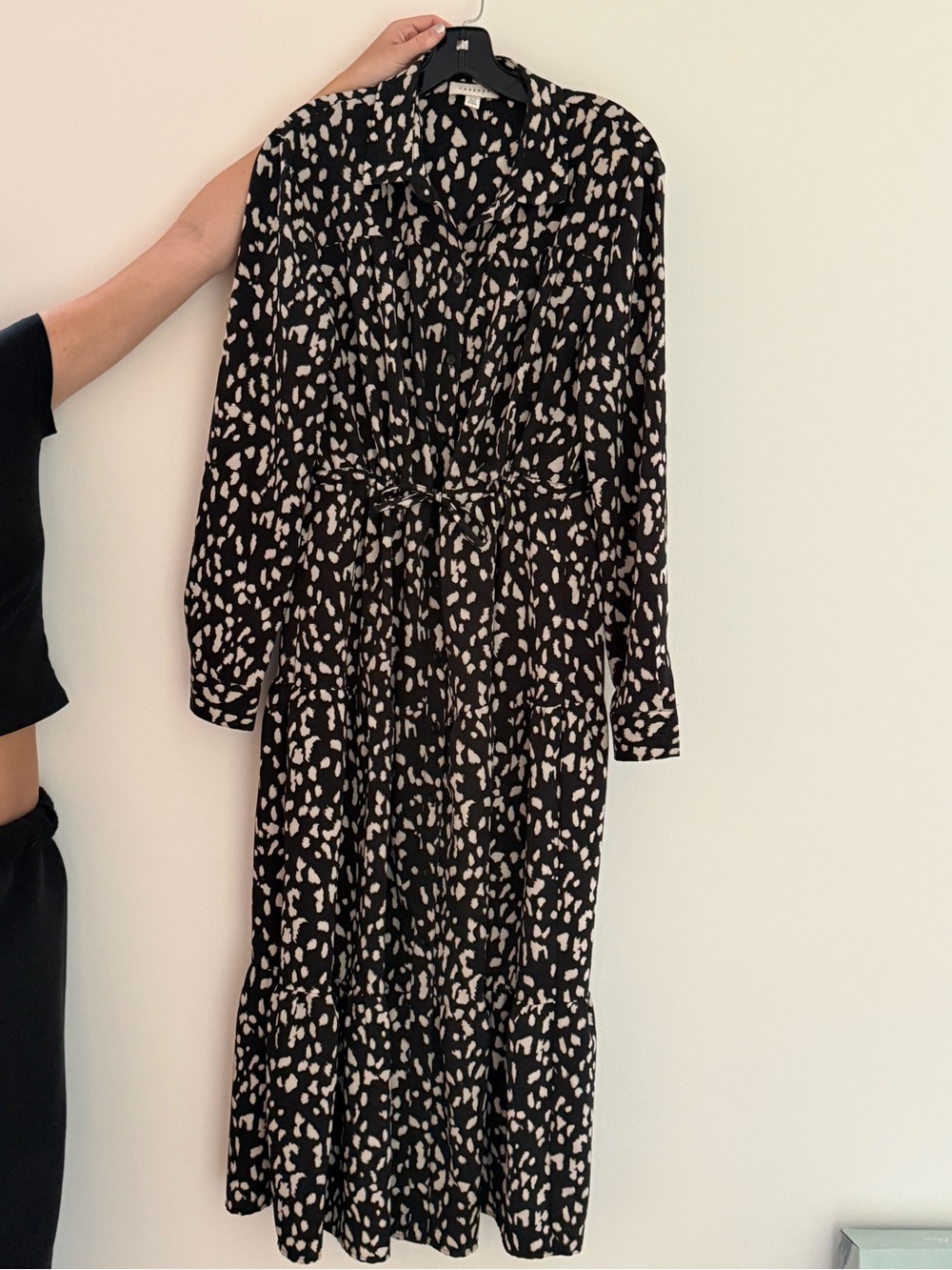 TOPSHOP Black and Cream Printed Long Sleeve Midi Shirt Dress